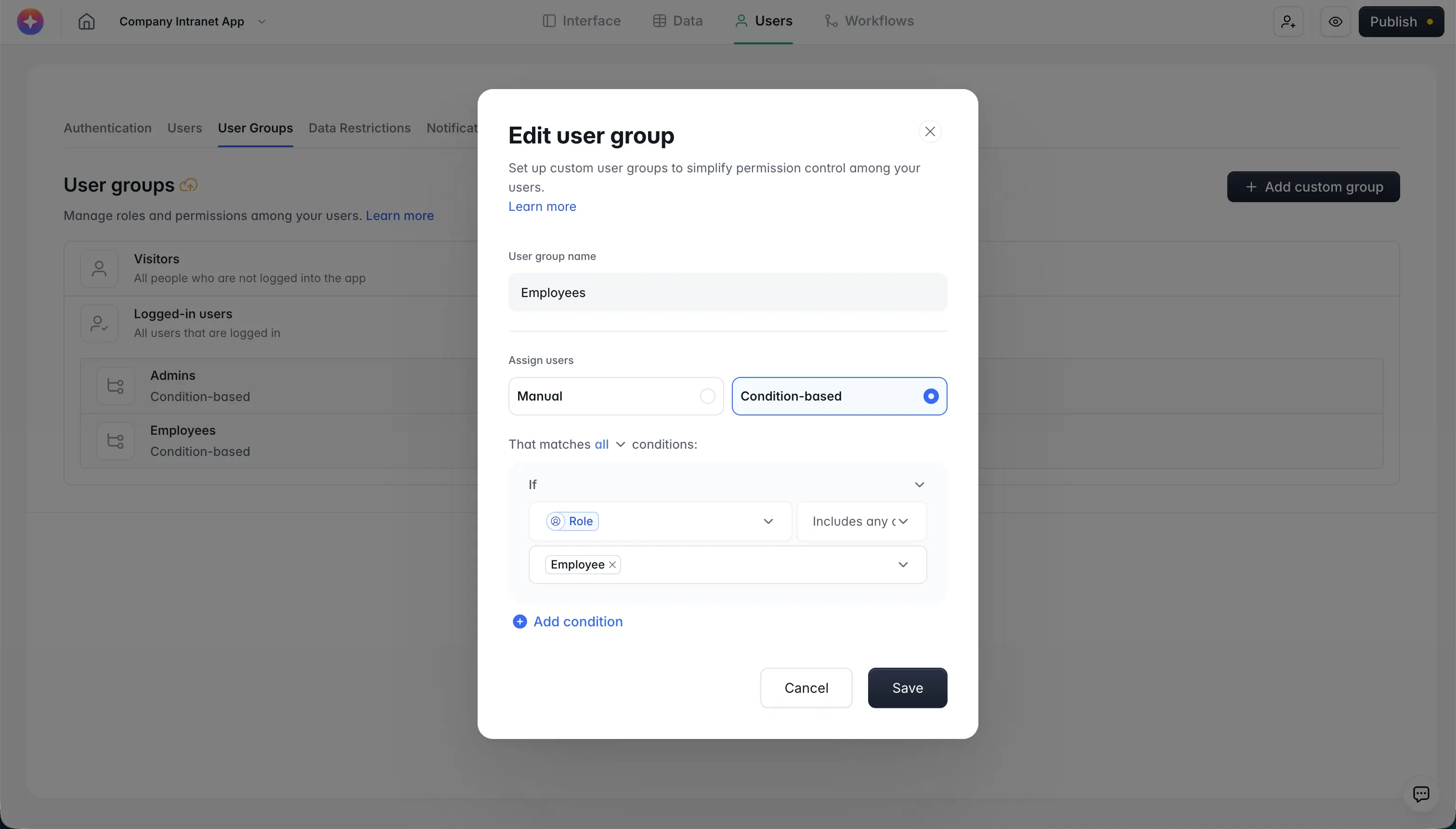 Creating an Employees user group in Softr based on a role condition