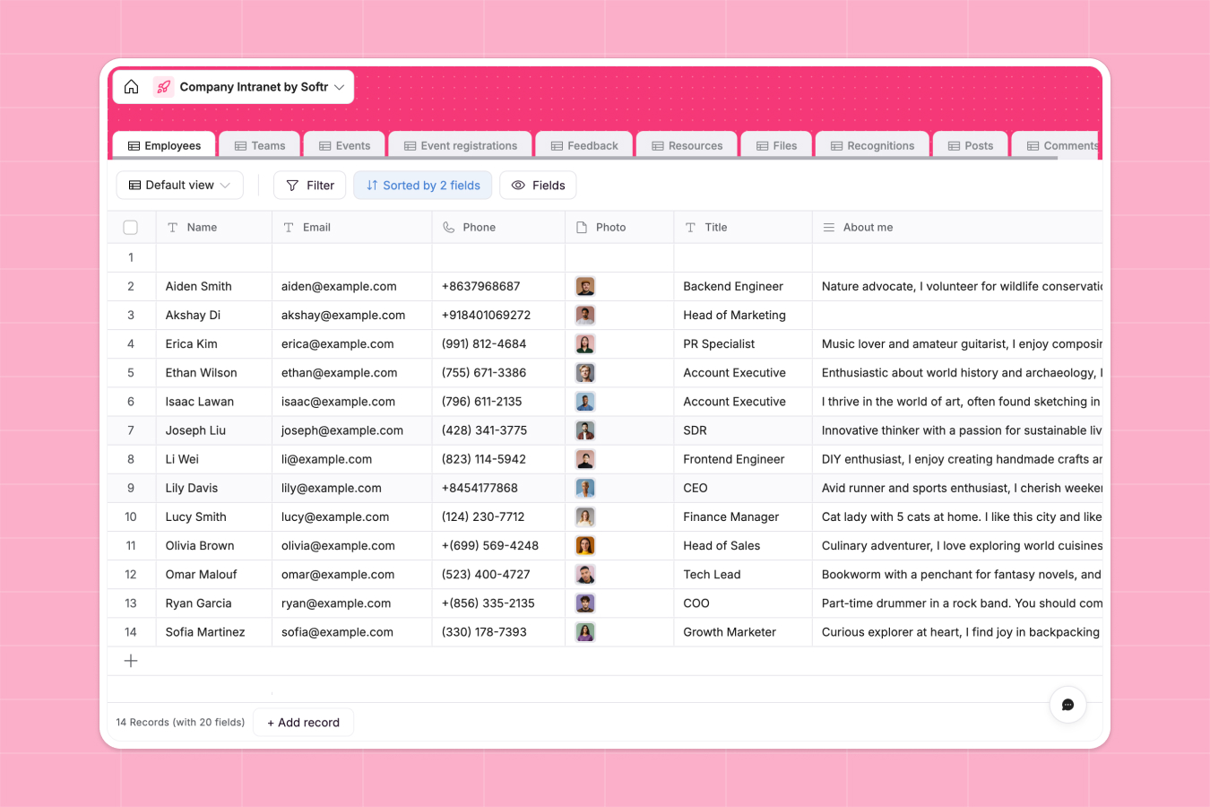 Company intranet built with Softr showing internal news, resources, and team updates in one hub