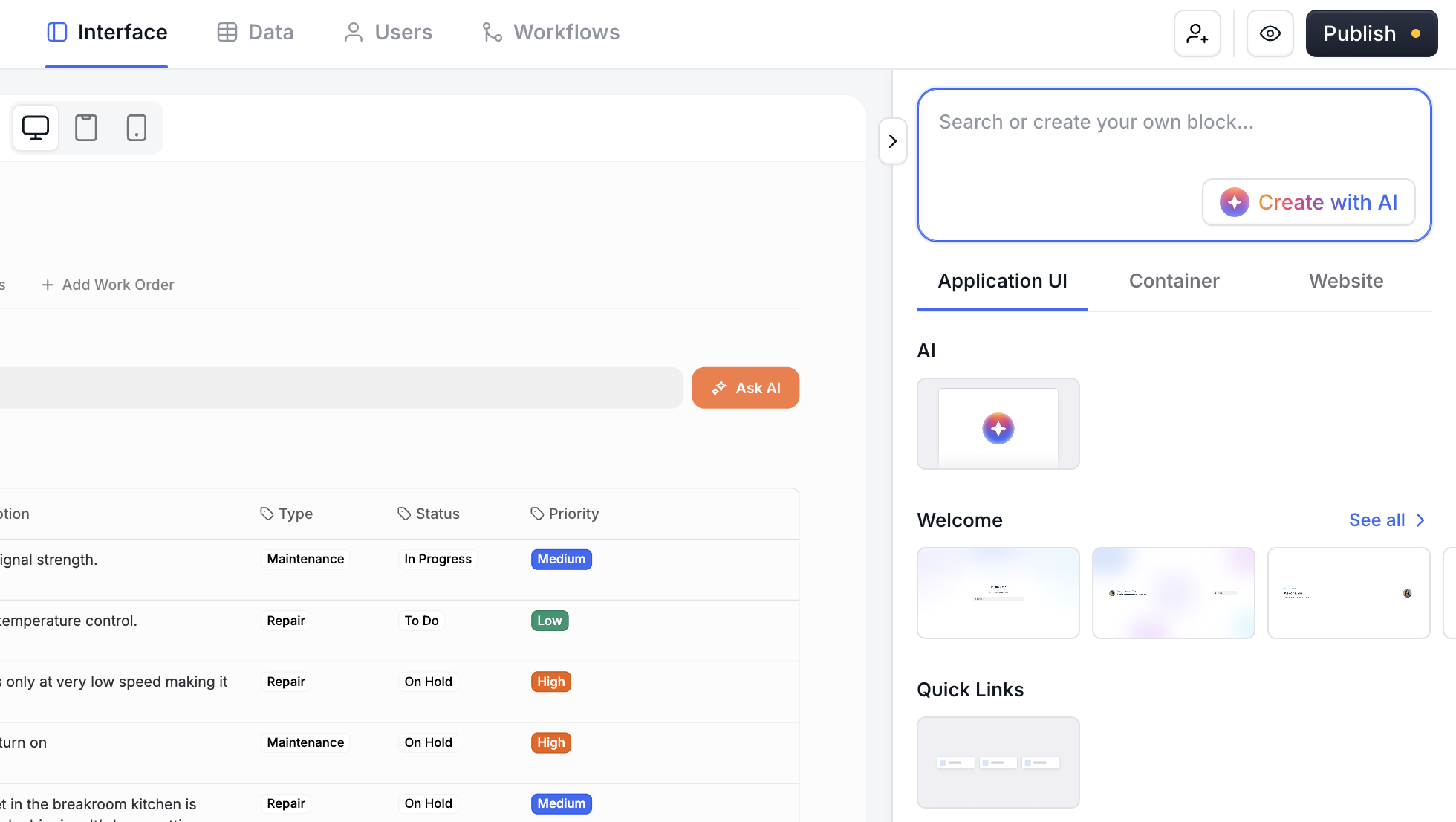 Adding blocks visually from the block library inside the Softr studio