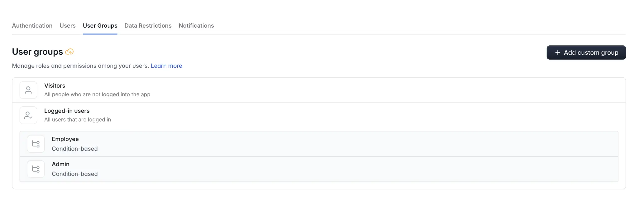 Softr user group management with condition-based admin and employee groups