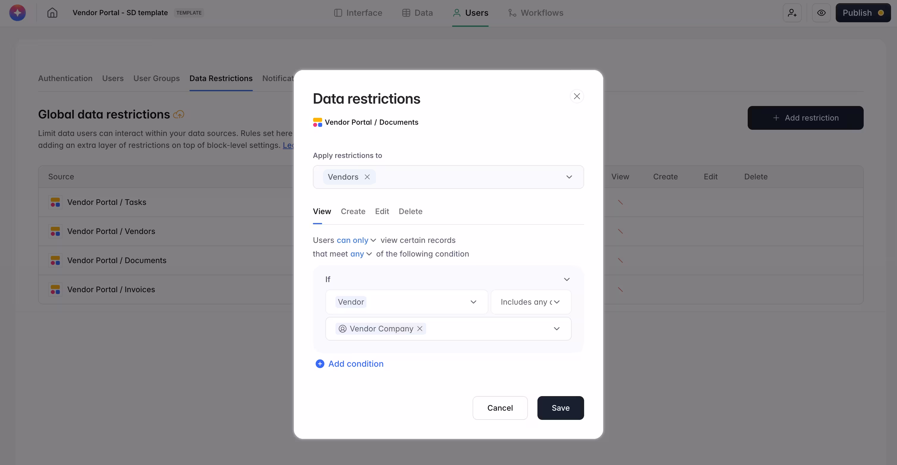 Softr Studio data restriction settings limiting portal users to records assigned to their own company