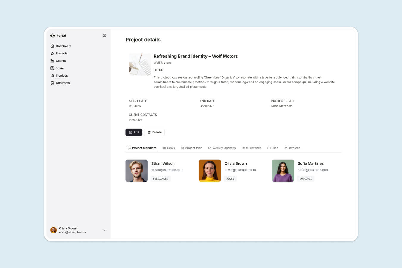 Client portal project details page with timeline, contacts, tasks, and invoices navigation