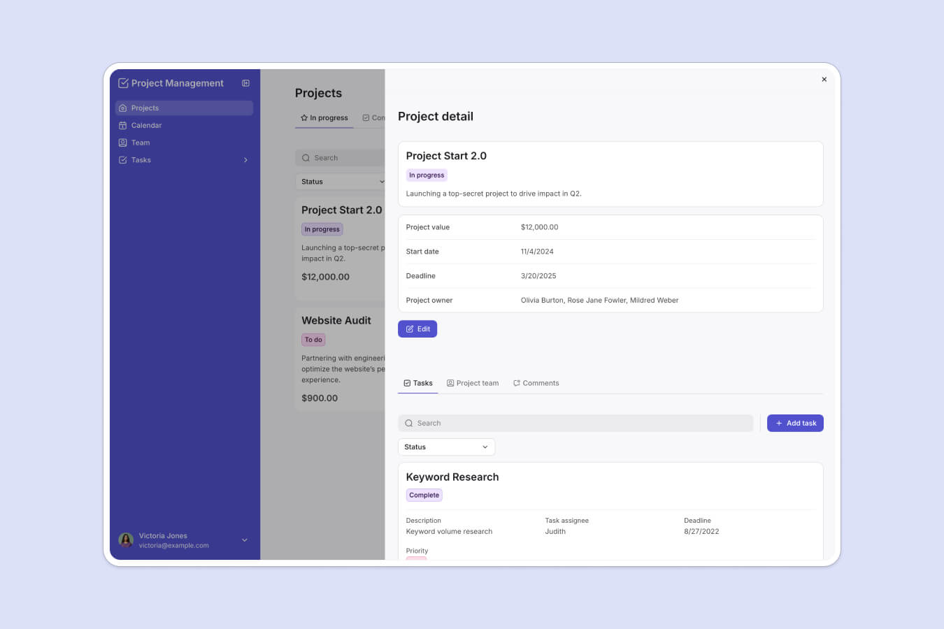 Softr project management dashboard showing a project detail page with status, task list, and team comments