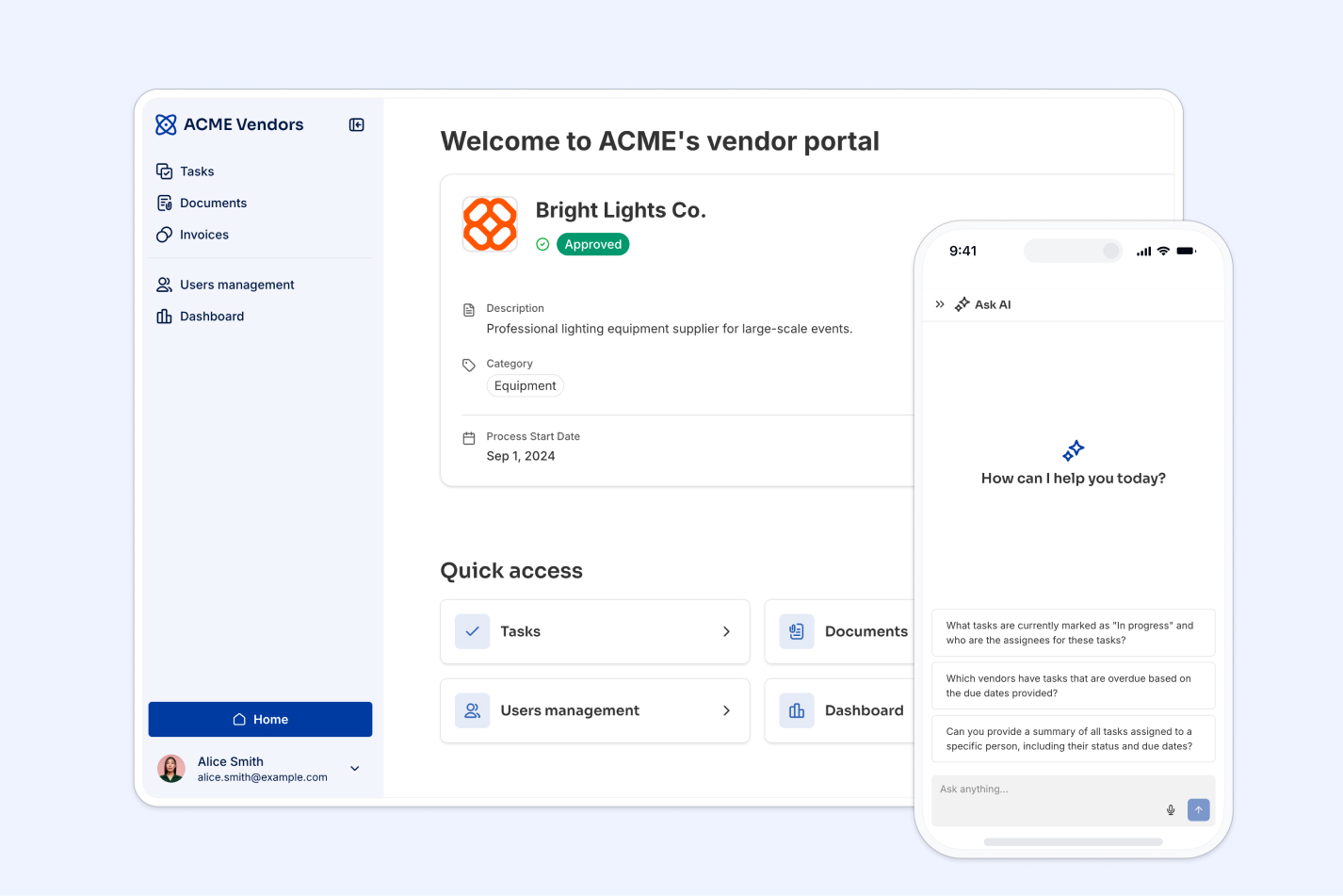 Softr Vendor Portal Home Interface with AI Assistant