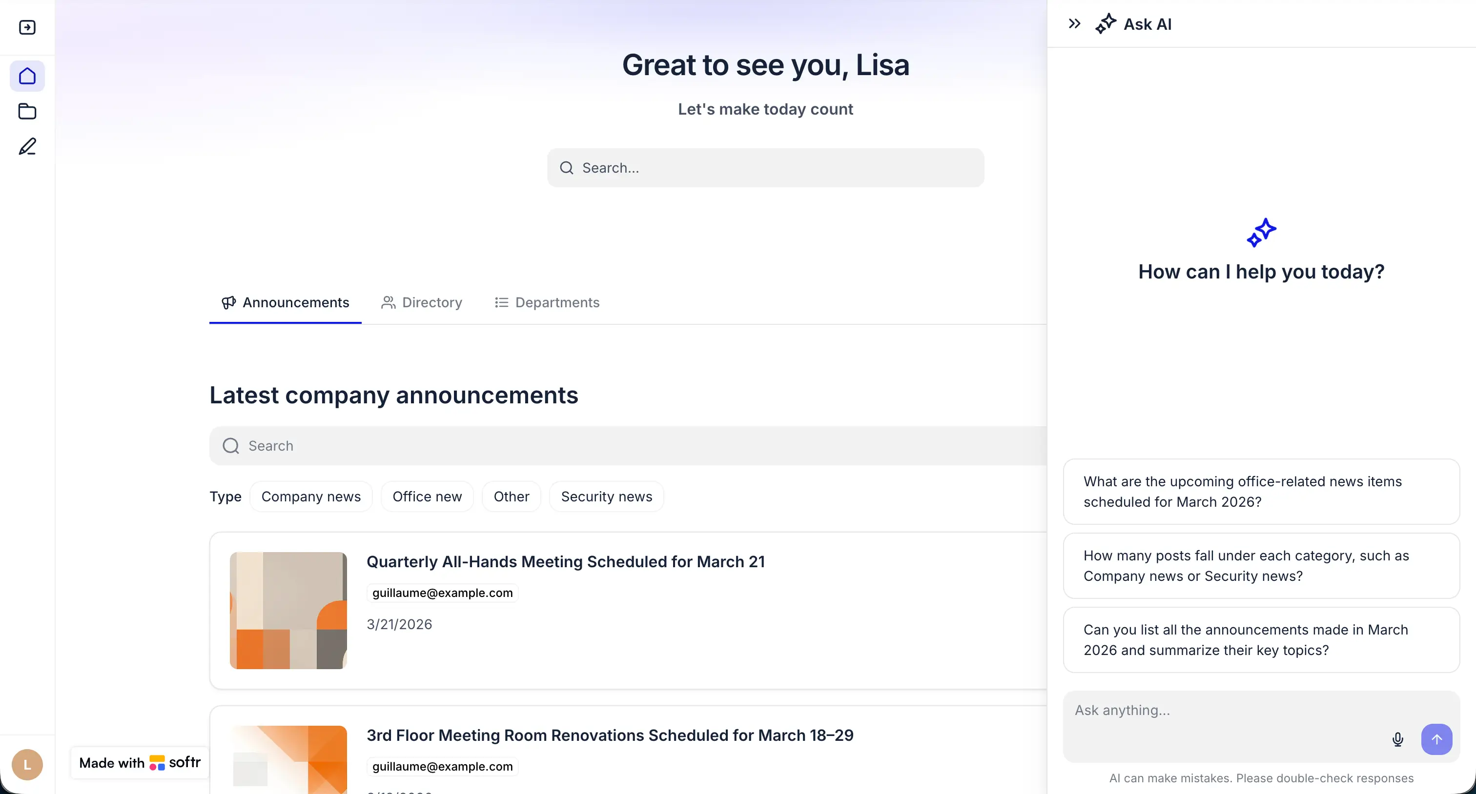 Softr Ask AI feature letting employees query company knowledge in natural language and get instant answers