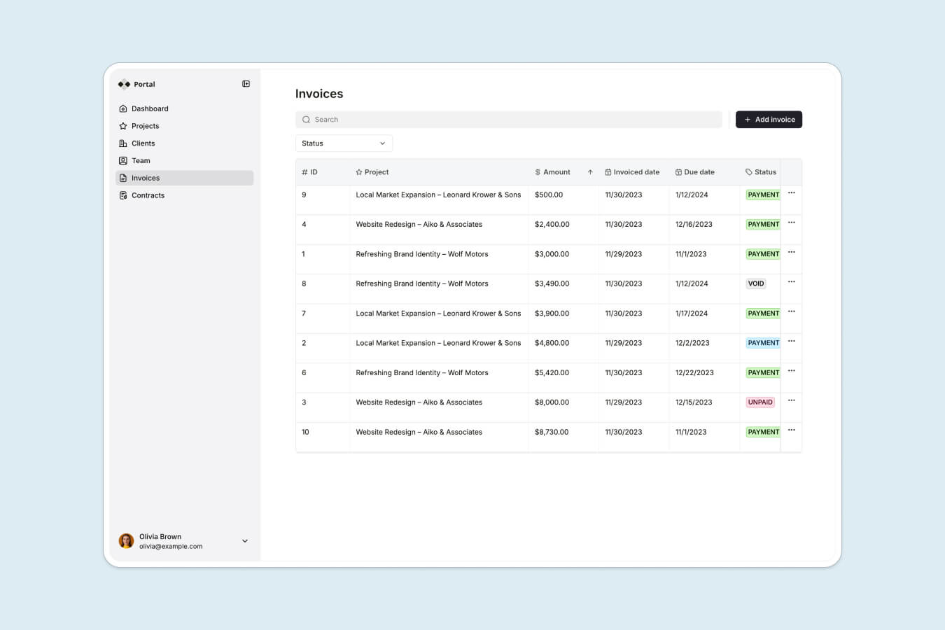 Client portal invoices page with searchable table, filters, and payment status indicators
