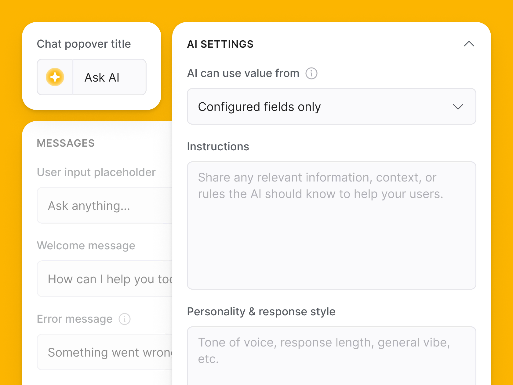Visual showing the Ask AI configuration panel in Softr, with fields for instructions, response style, and chatbot design