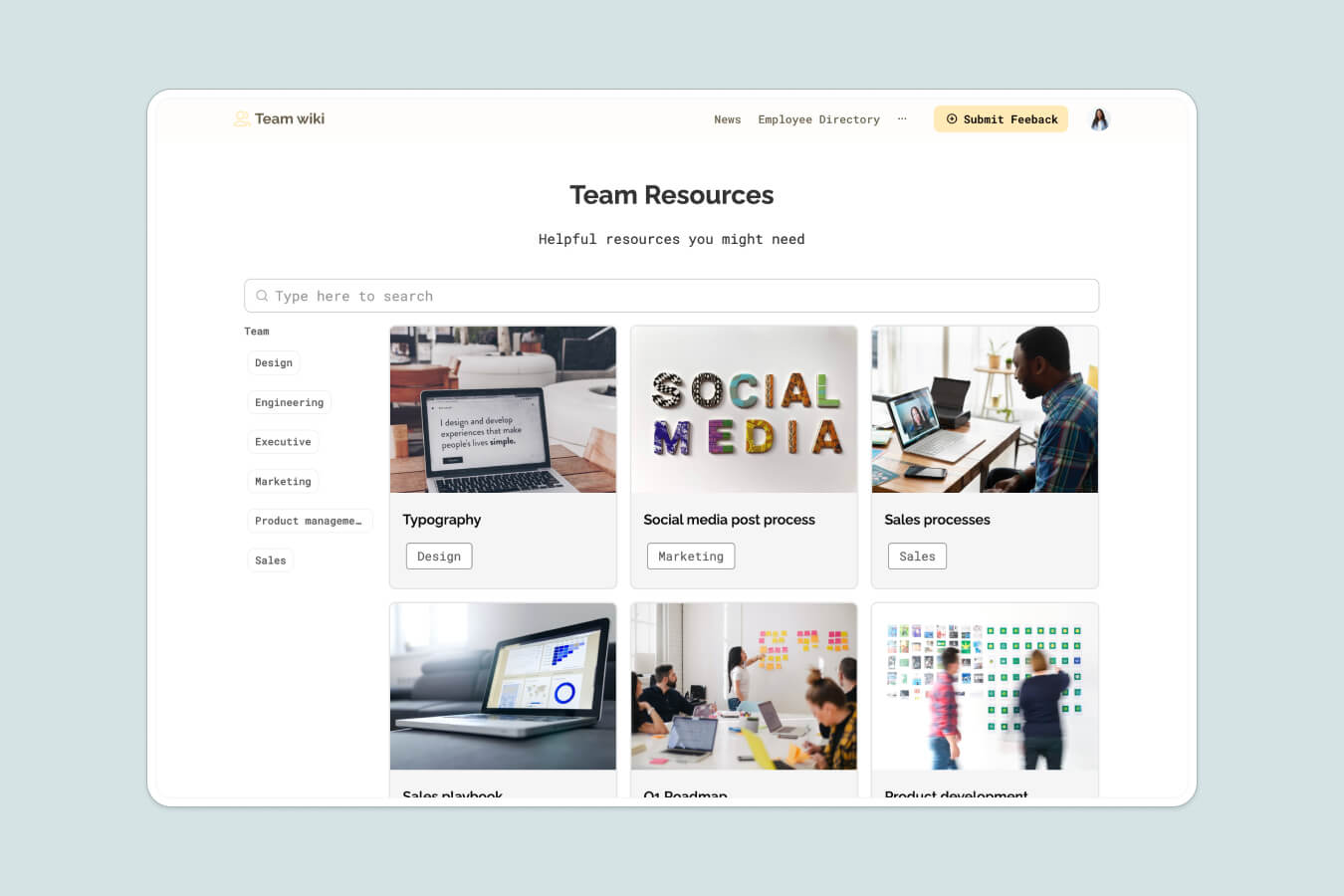 A Team Wiki knowledge base page built in Softr with a search bar, team filters, and resource cards