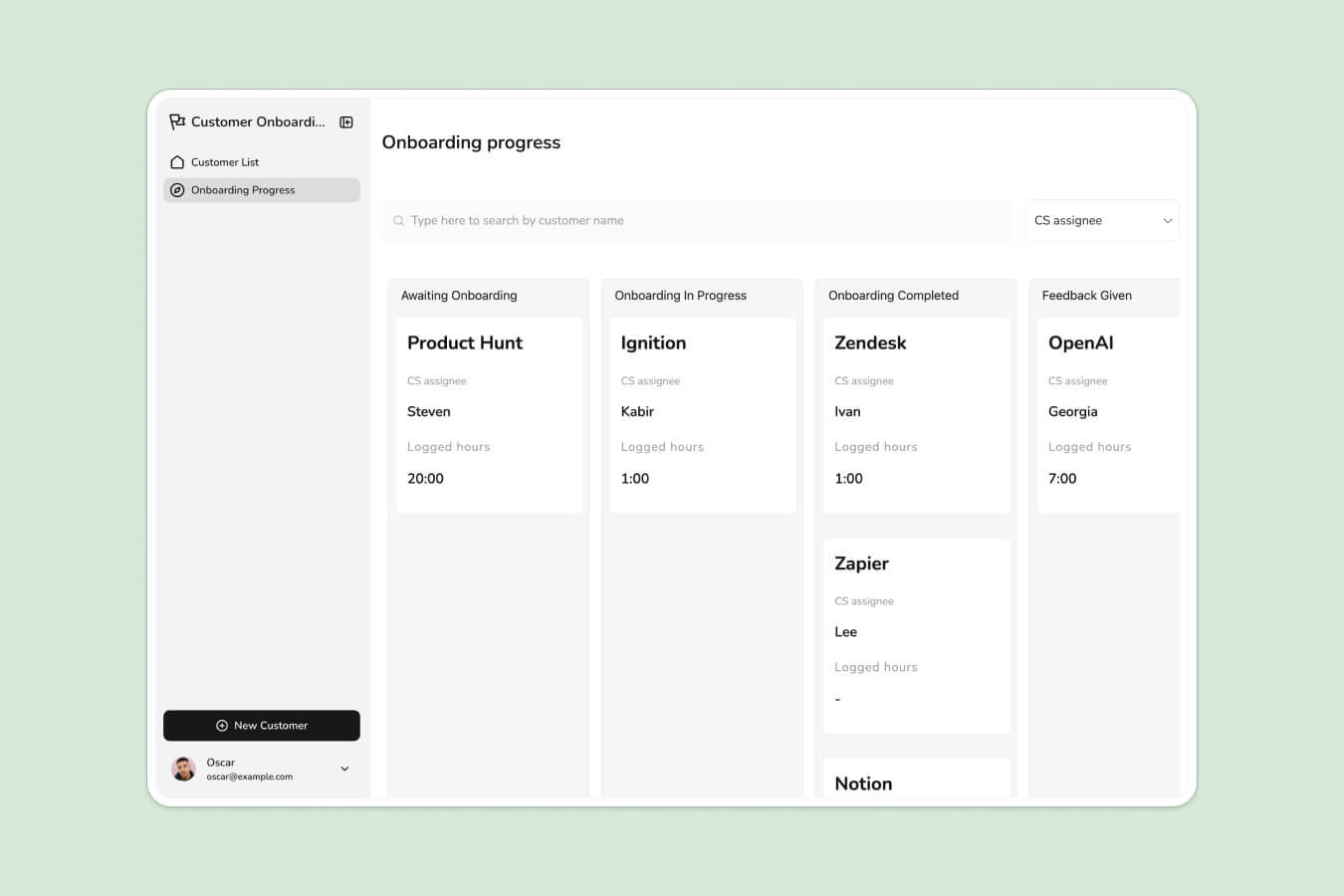 Client onboarding progress board showing each customer as a card moving through stages like awaiting, in progress, and completed