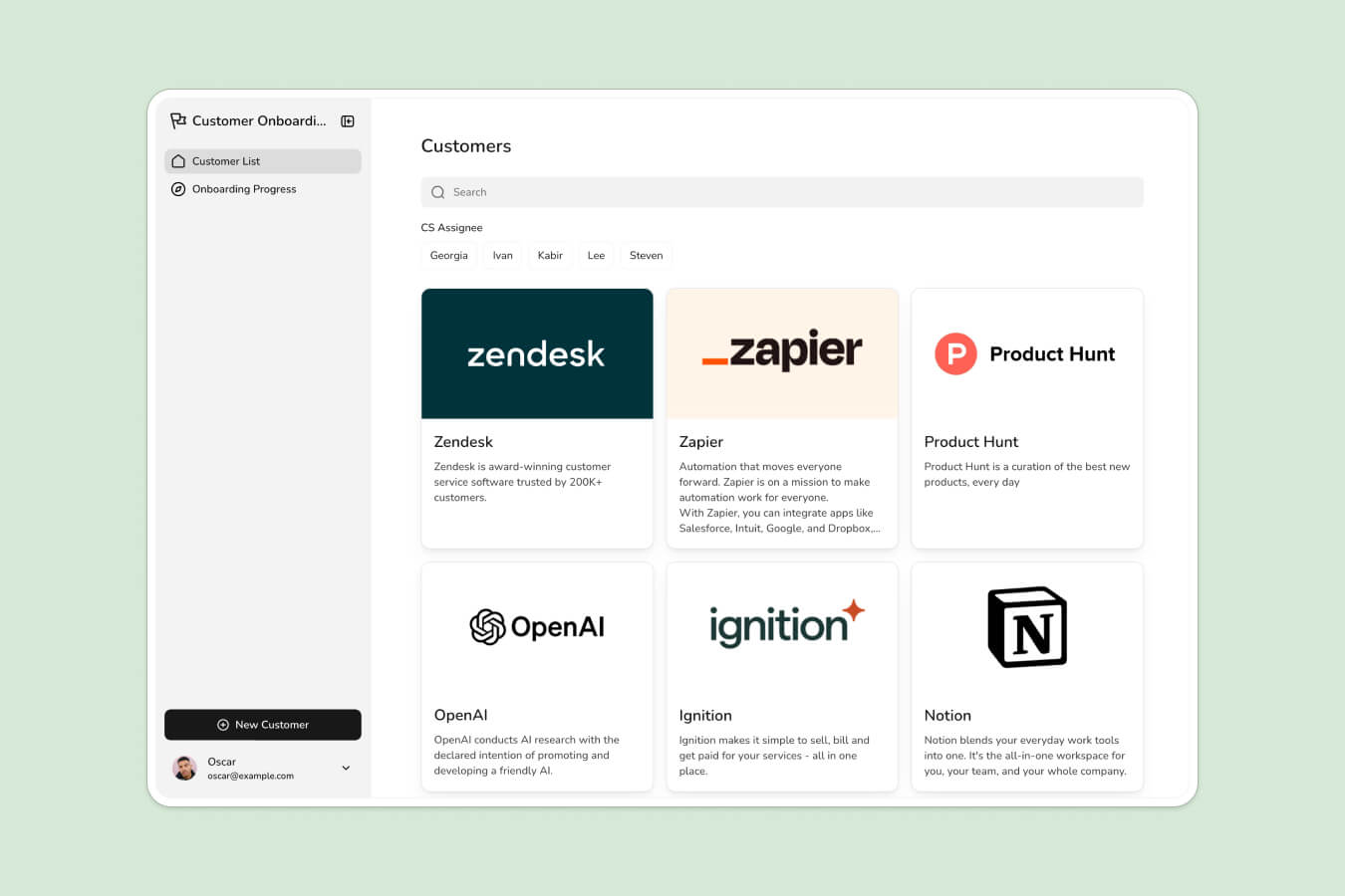 Customer onboarding dashboard built in Softr, showing a customer list and a progress grid of onboarding stages