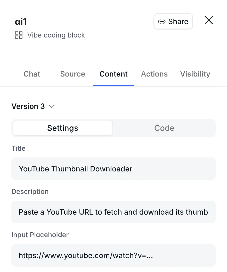 Editing a Vibe Coding block's settings through the visual no-code panel