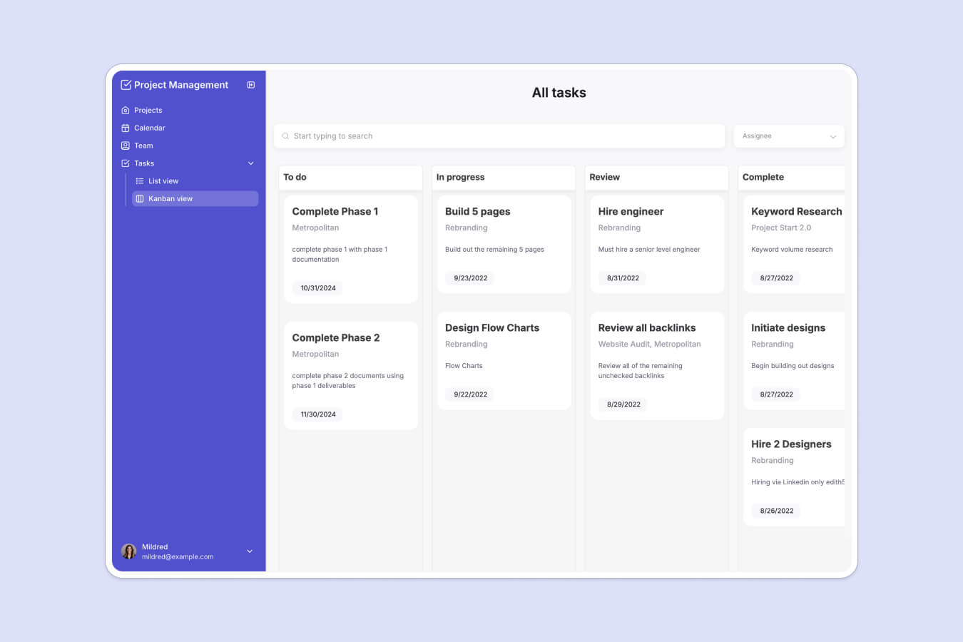 Project management task board built with Softr with To do, In progress, Review, and Complete columns