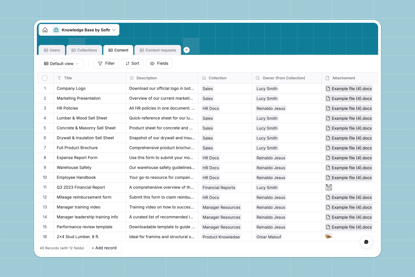 Softr Knowledge Base database designed to share and keep internal resources like HR policies and FAQs up to date