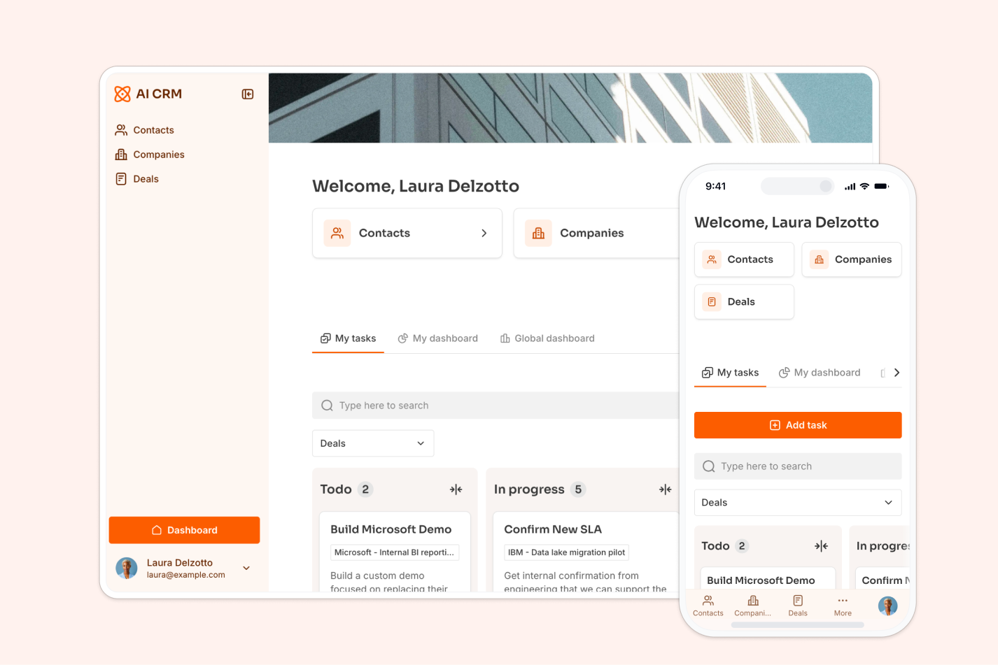 CRM dashboard built with Softr showing contacts, companies, deals, and a sales pipeline view