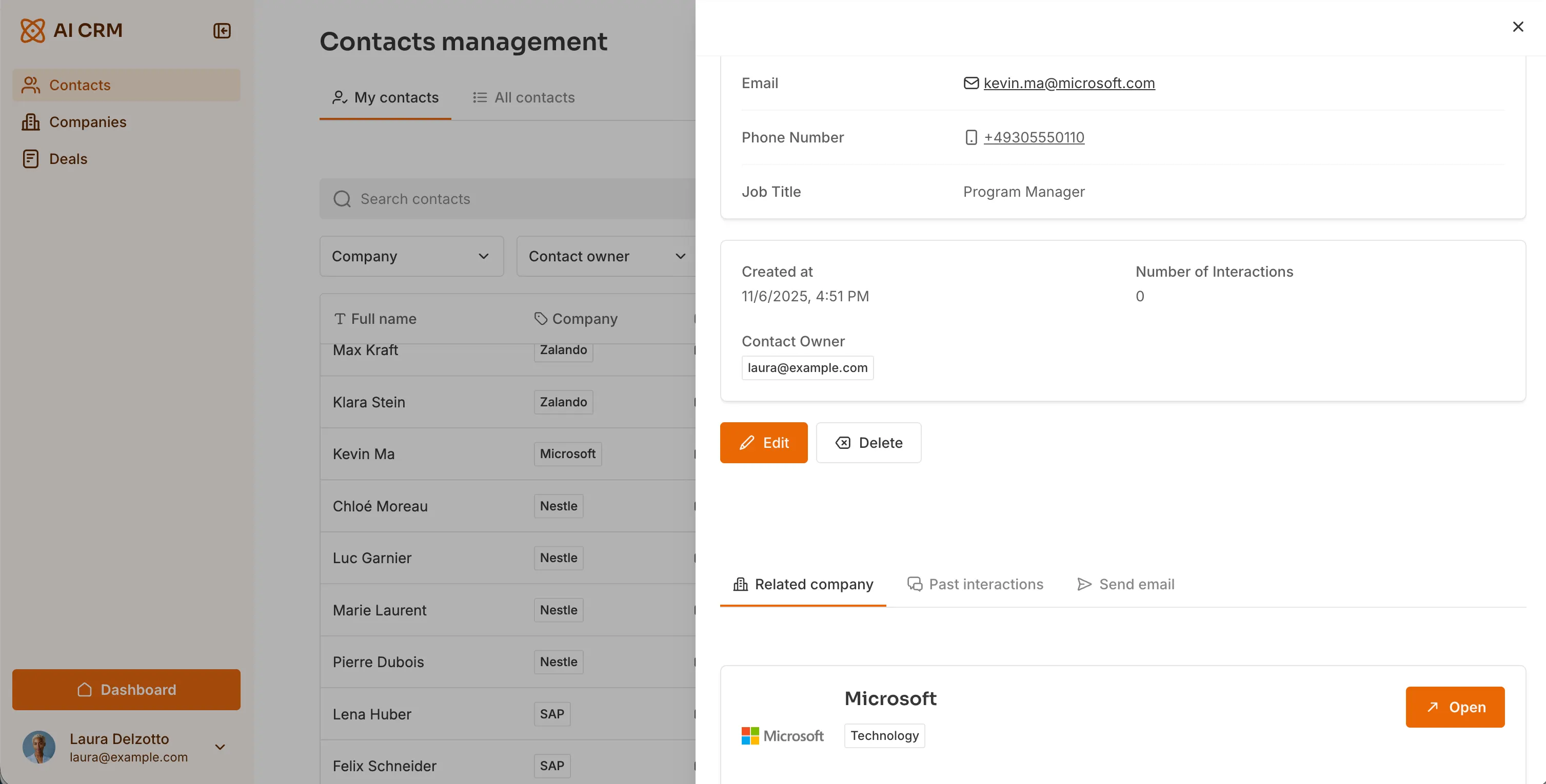 A contact detail page in a Softr CRM showing full record information in a side modal
