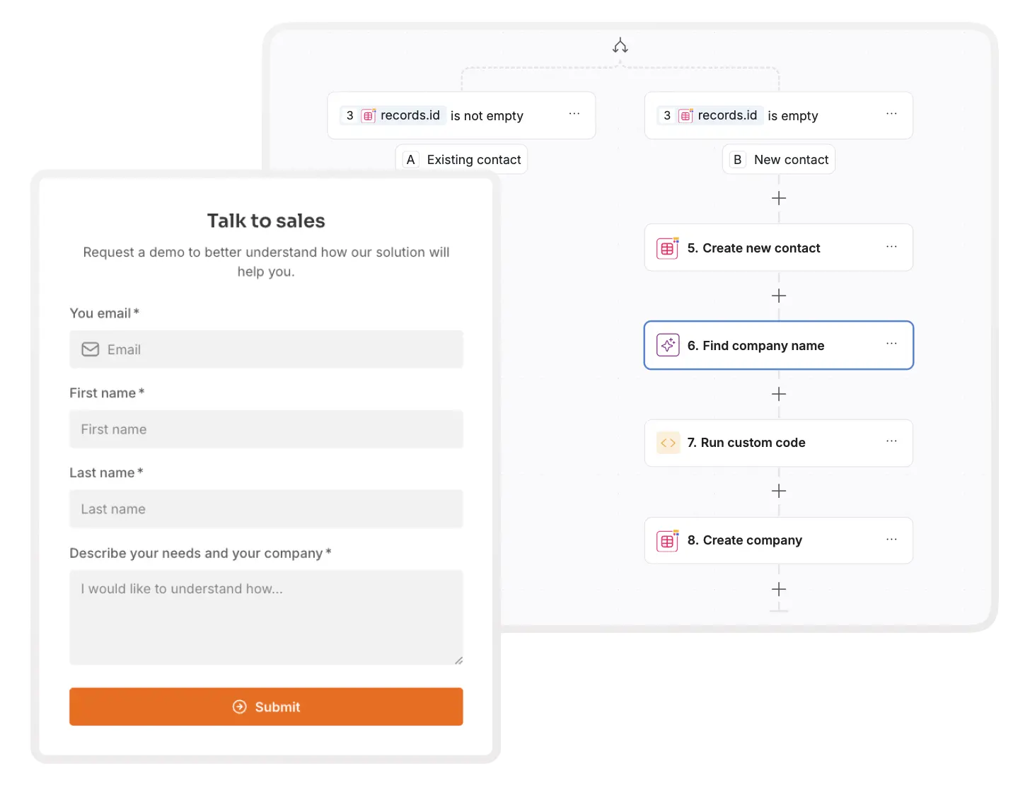 A Softr lead capture form connected to a workflow that automatically enriches each new lead with AI