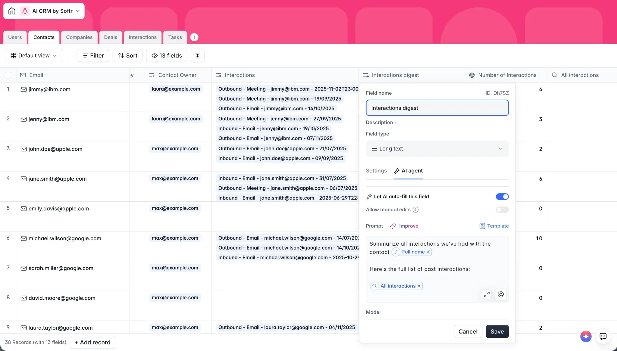 Configuring a database AI agent in a Softr CRM to enrich a record field with a custom prompt