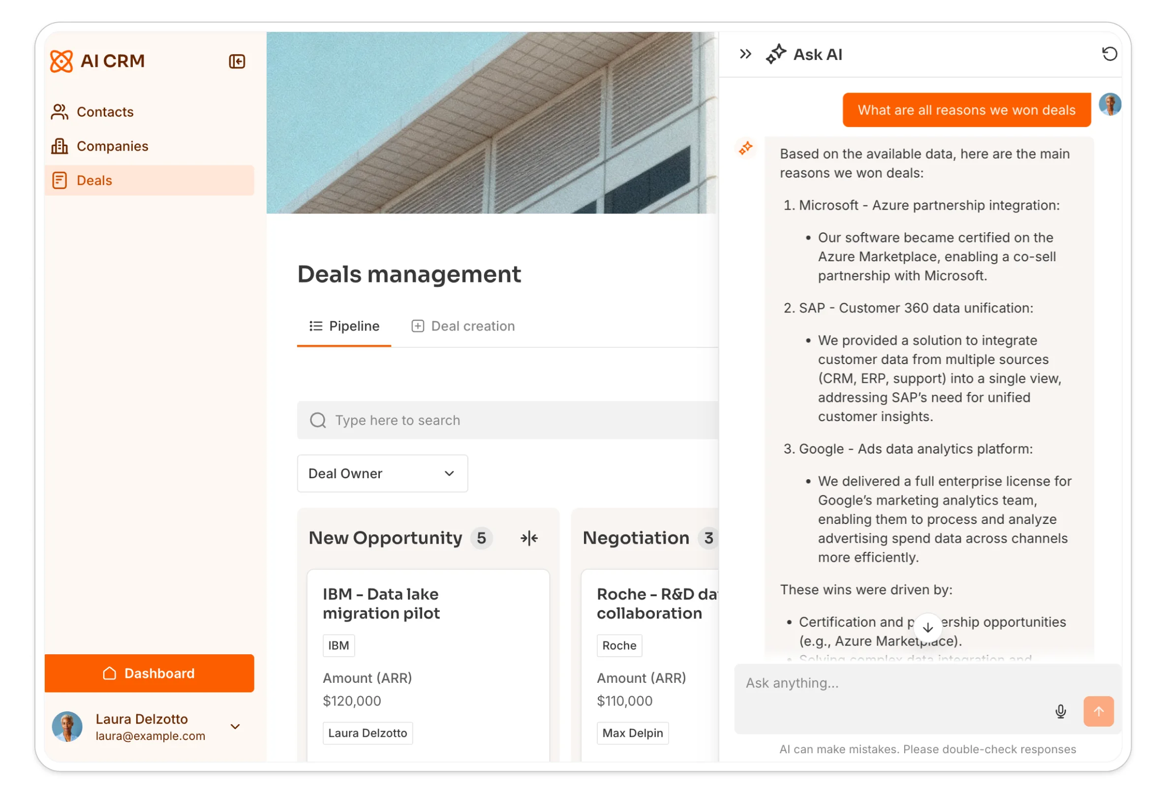 Ask AI answering a plain-language question about deals in a Softr CRM pipeline