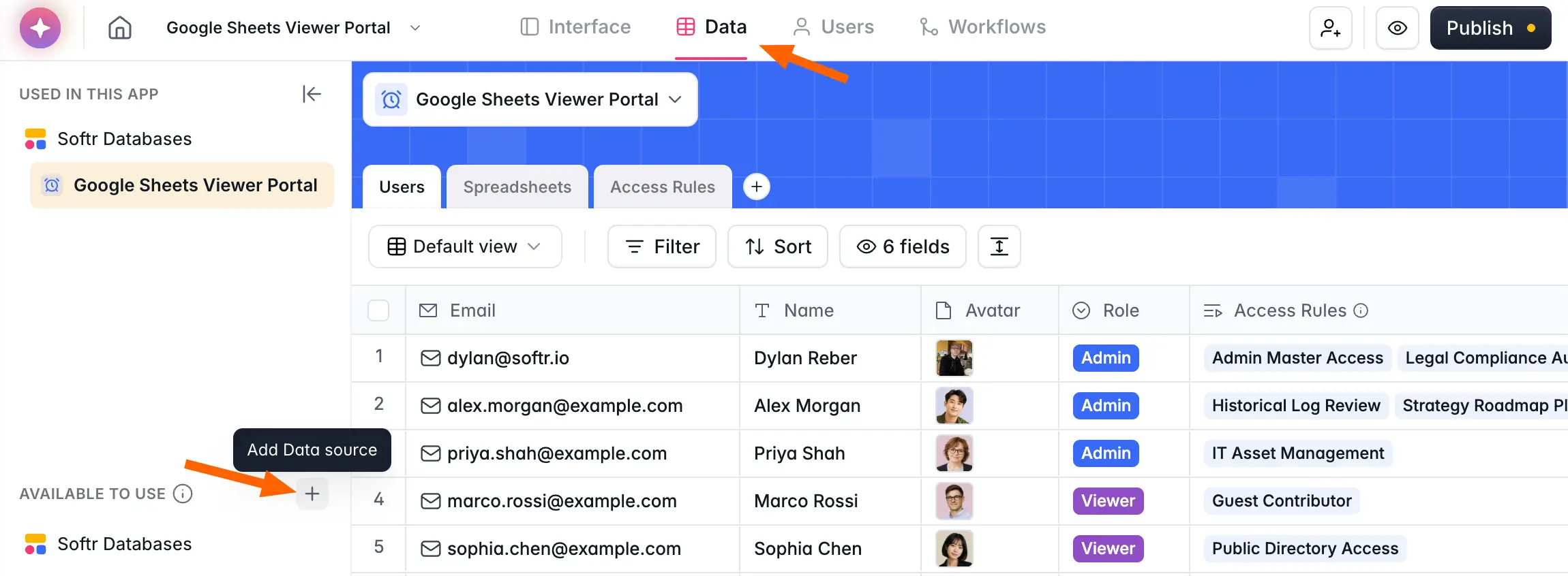 Softr app studio data tab where you connect external data sources like Google Sheets or HubSpot