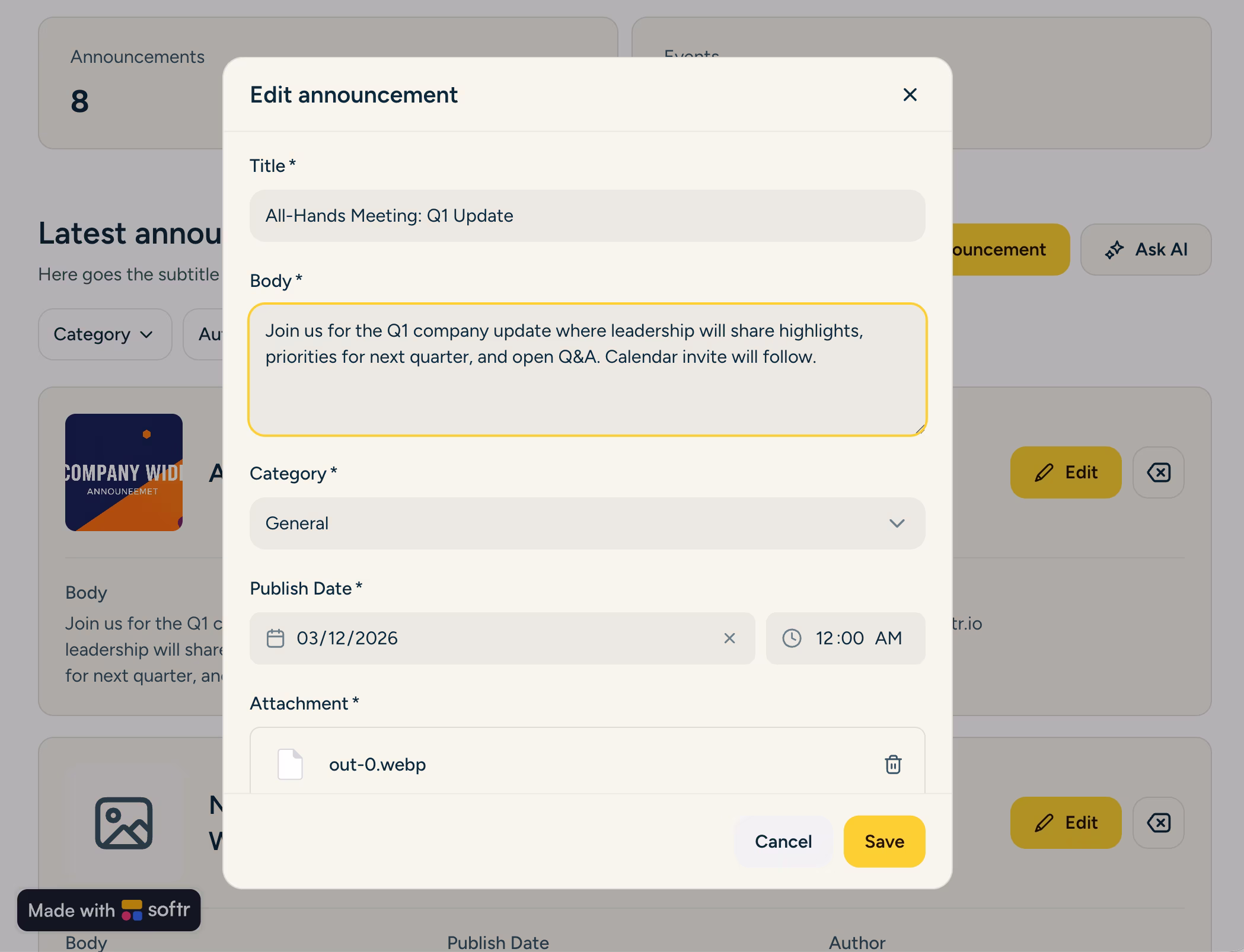 A Softr app user editing a record in a clean modal, here updating company announcements in an intranet
