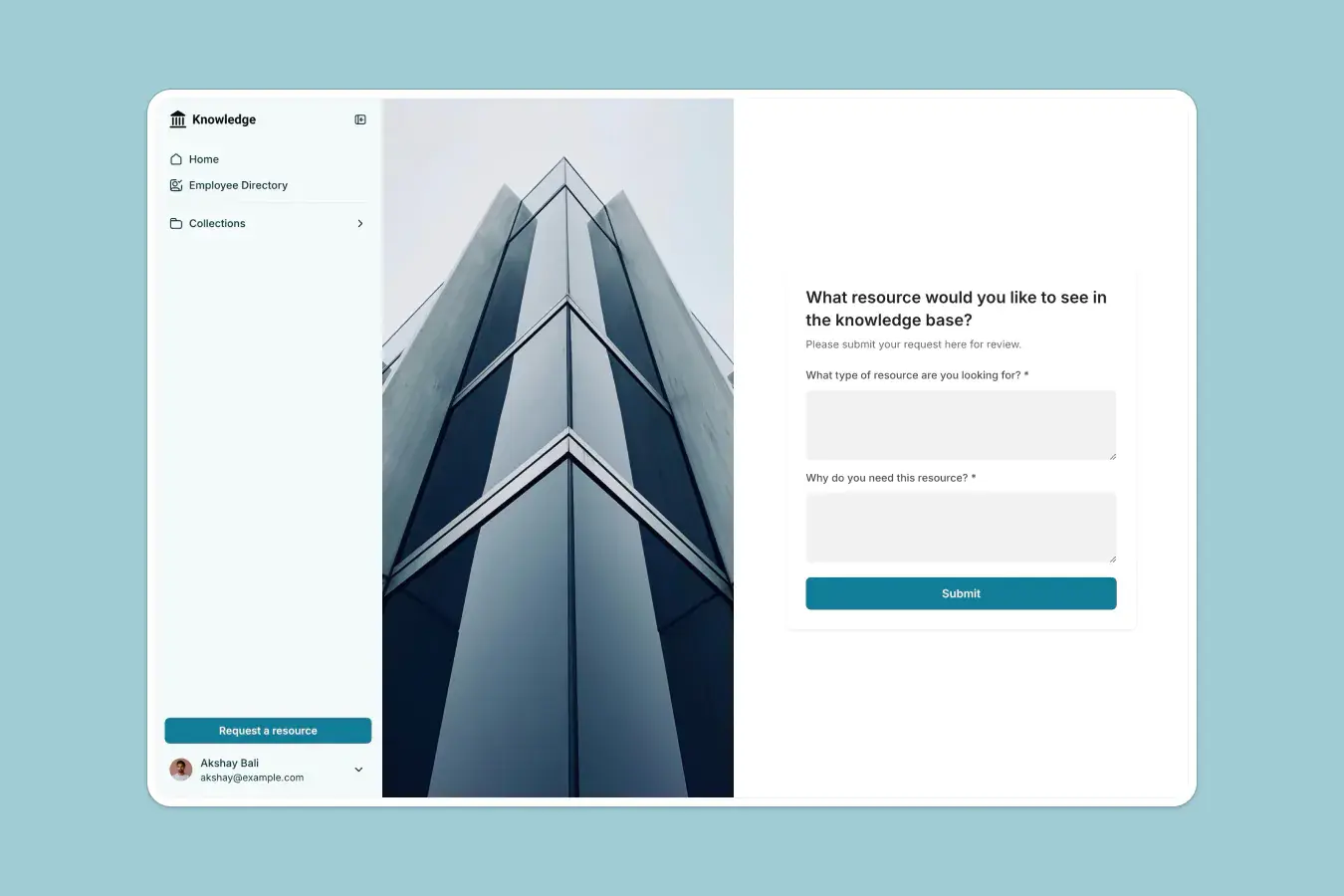 Searchable internal knowledge base built with Softr showing the home page, navigation, and a request a new resource form