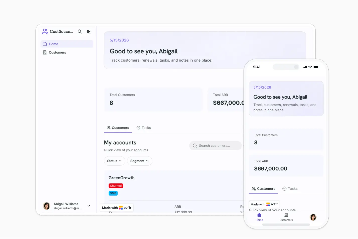 Customer success app dashboard with metrics, account list, and navigation built in Softr