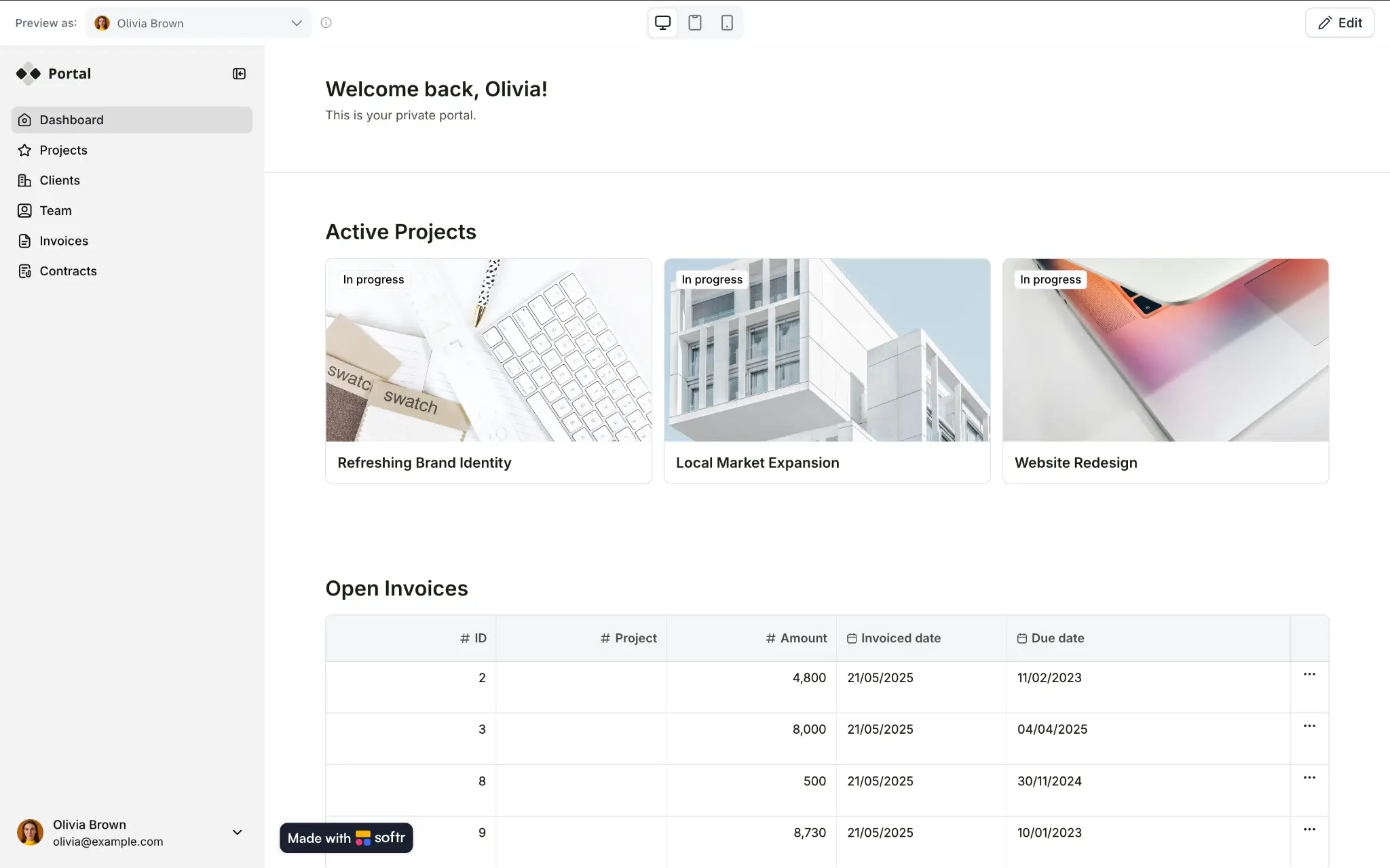Softr's client portal showcasing a dashboard