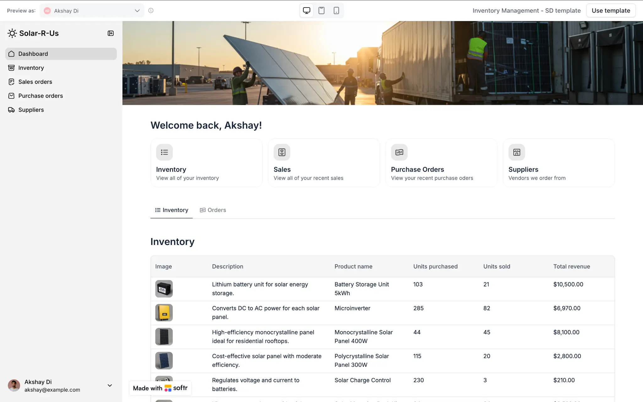 Softr's inventory management dashboard