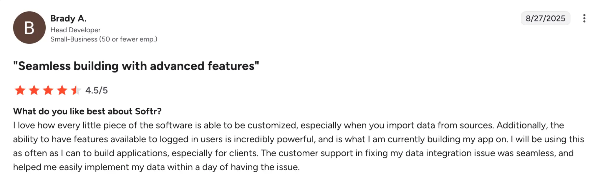 Softr review about seamless building with features
