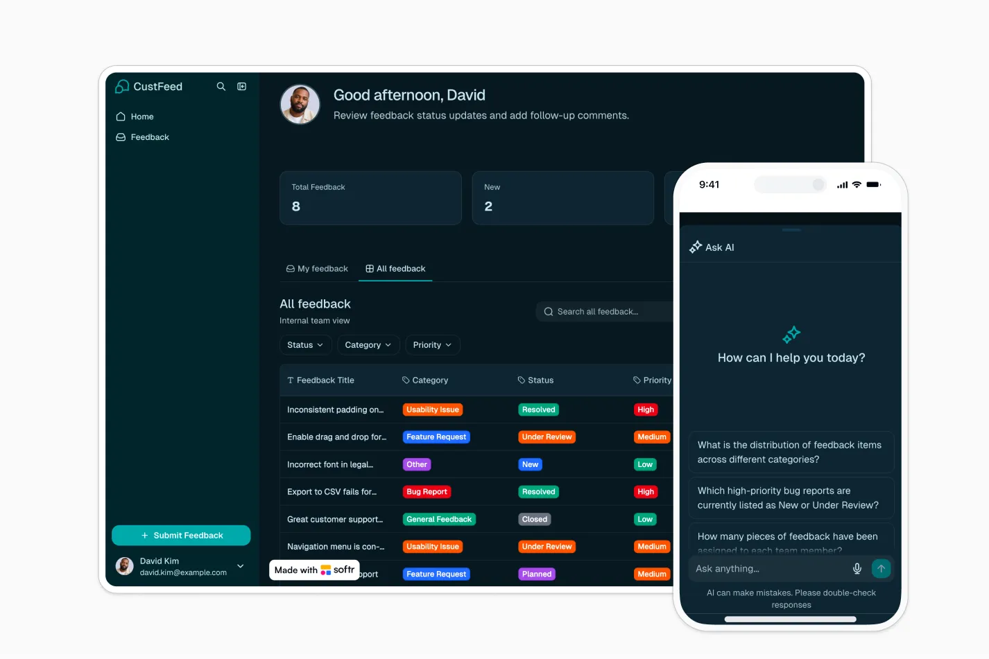Customer feedback portal dashboard built in Softr with filters, status counts, and an AI assistant