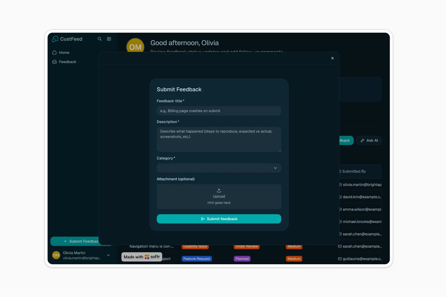 Softr feedback submission form with fields for title, description, category, and an optional attachment