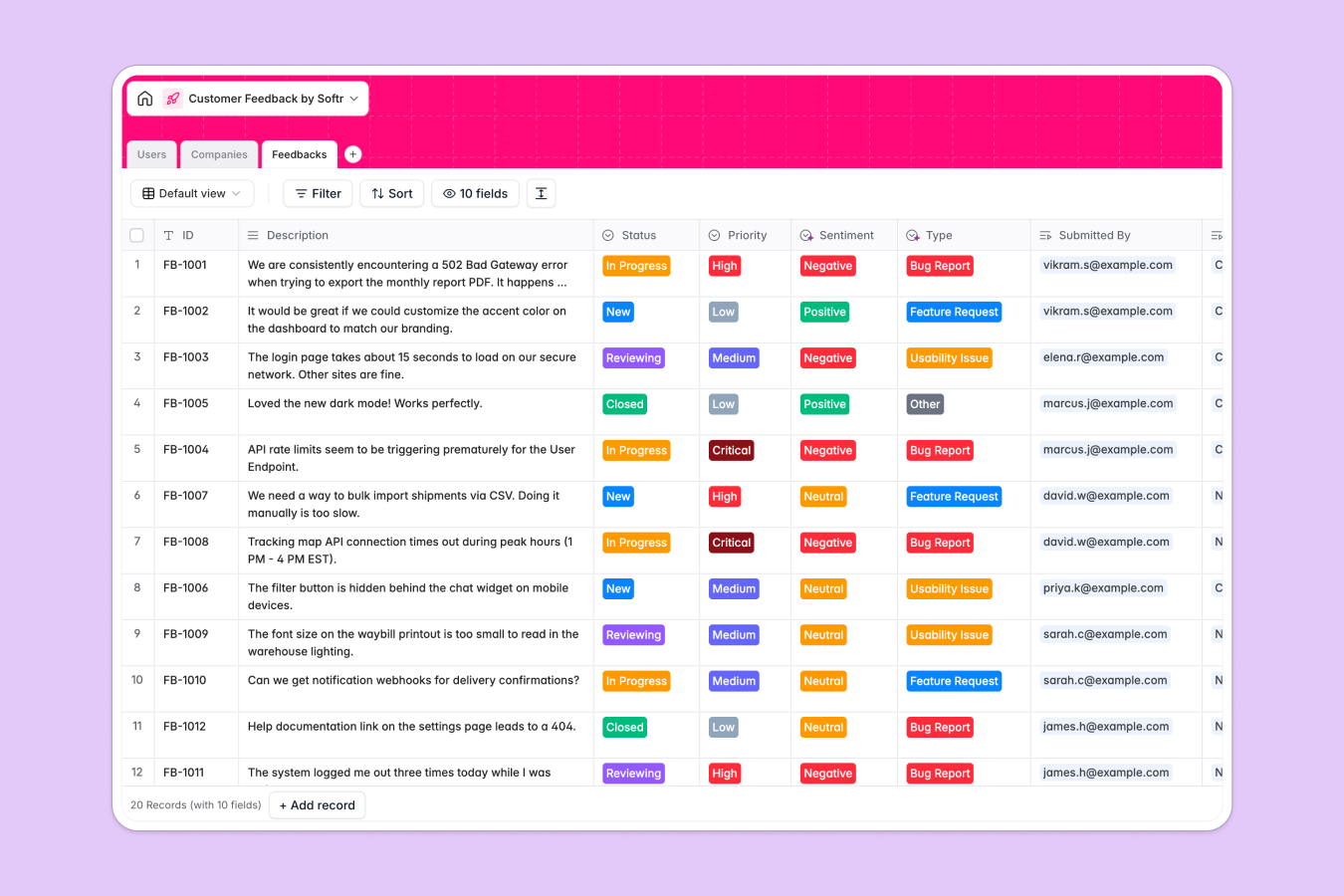 Softr Customer Feedback database using AI to categorize, prioritize, and unify feedback