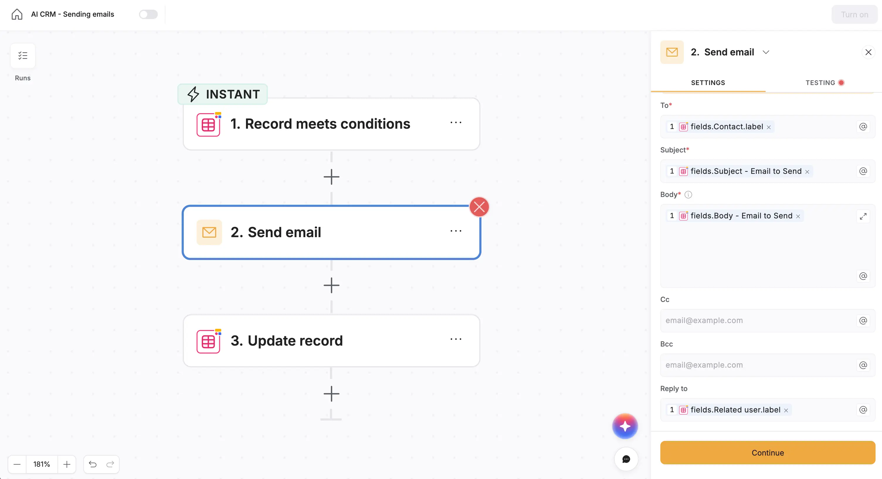 Configuring a send-email step inside a Softr Workflow to notify new hires automatically