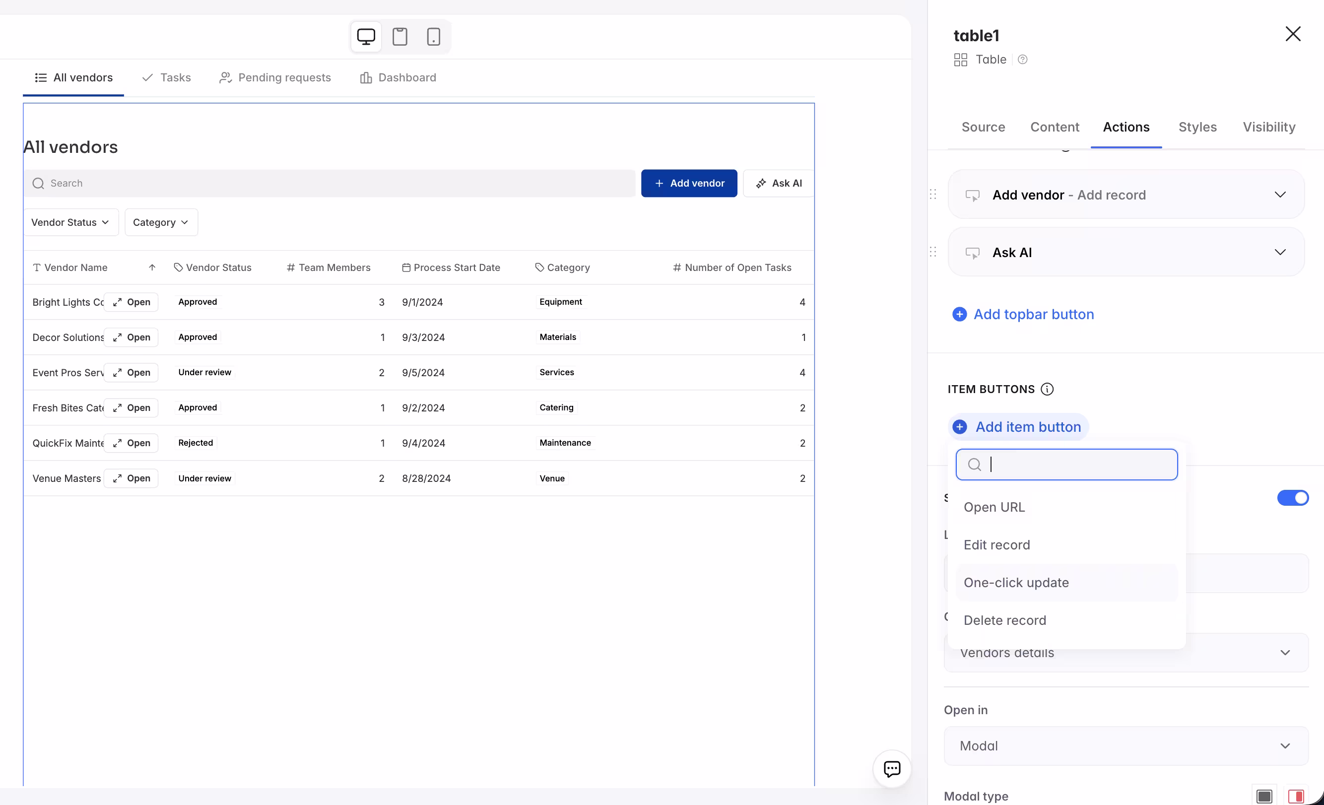 Configuring a one-click record update action button on a table in the Softr studio