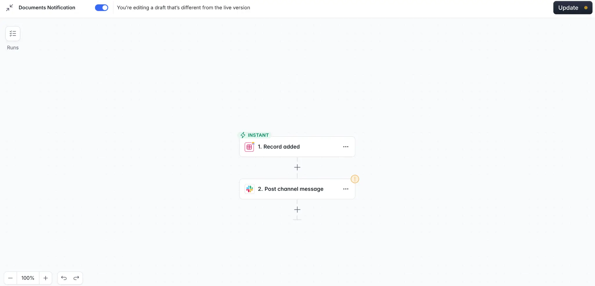 Softr workflow posting a Slack notification when a record is created