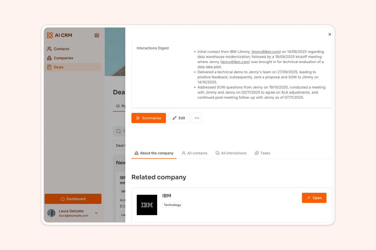 An AI CRM deal details page in Softr showing an interactions digest panel generated by AI