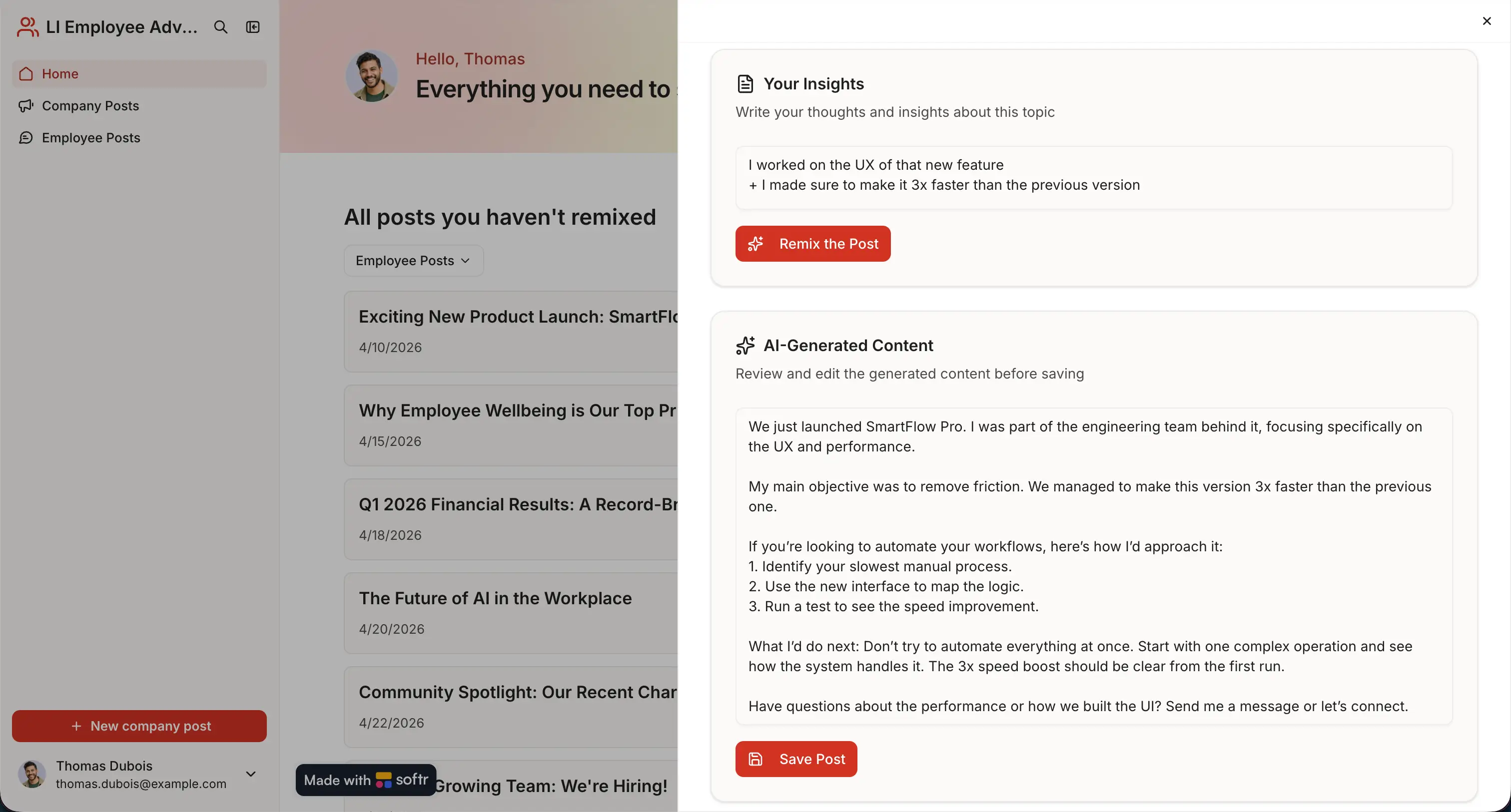 A Softr CRM interface where a rep enters a short instruction and generates an AI-drafted outreach email for review