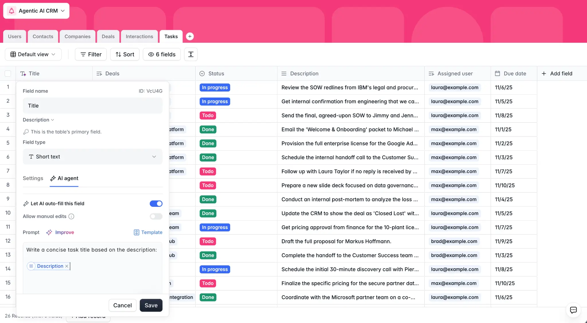 Configuring a database AI agent to enrich a record in a Softr CRM