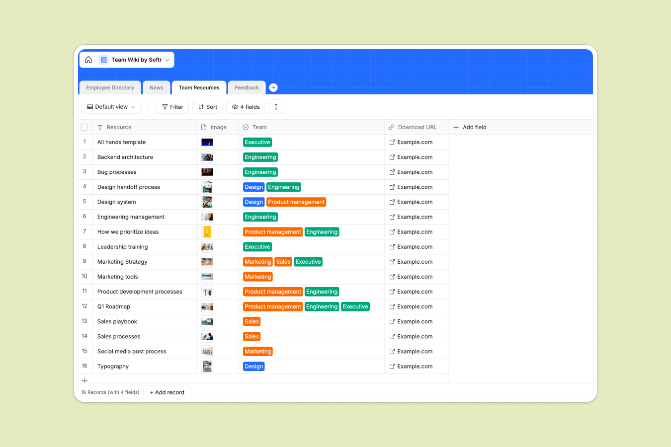 Softr Team Wiki database storing company policies, how-to guides, a staff directory, and announcements