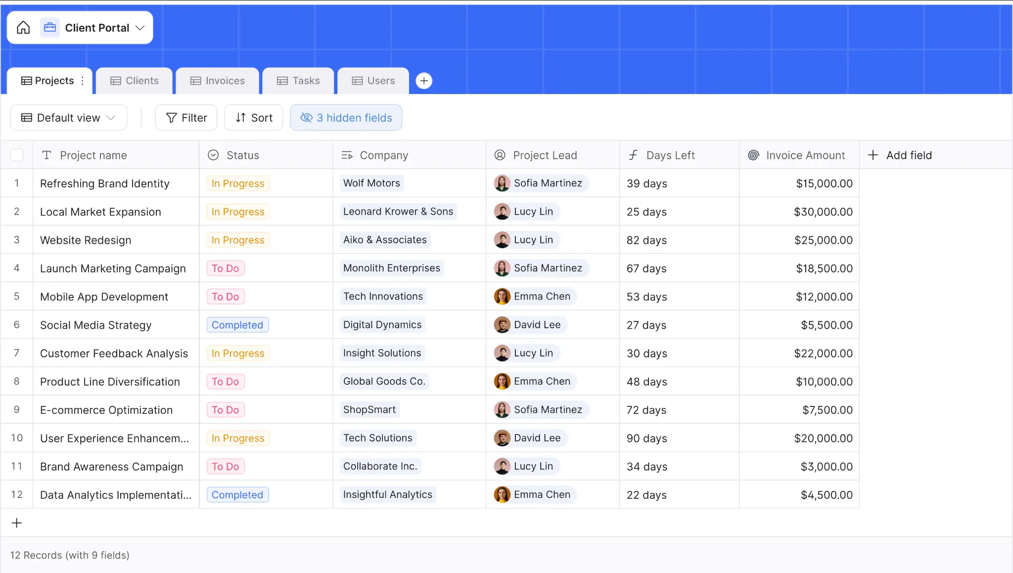 Softr databases showcasing client portal data