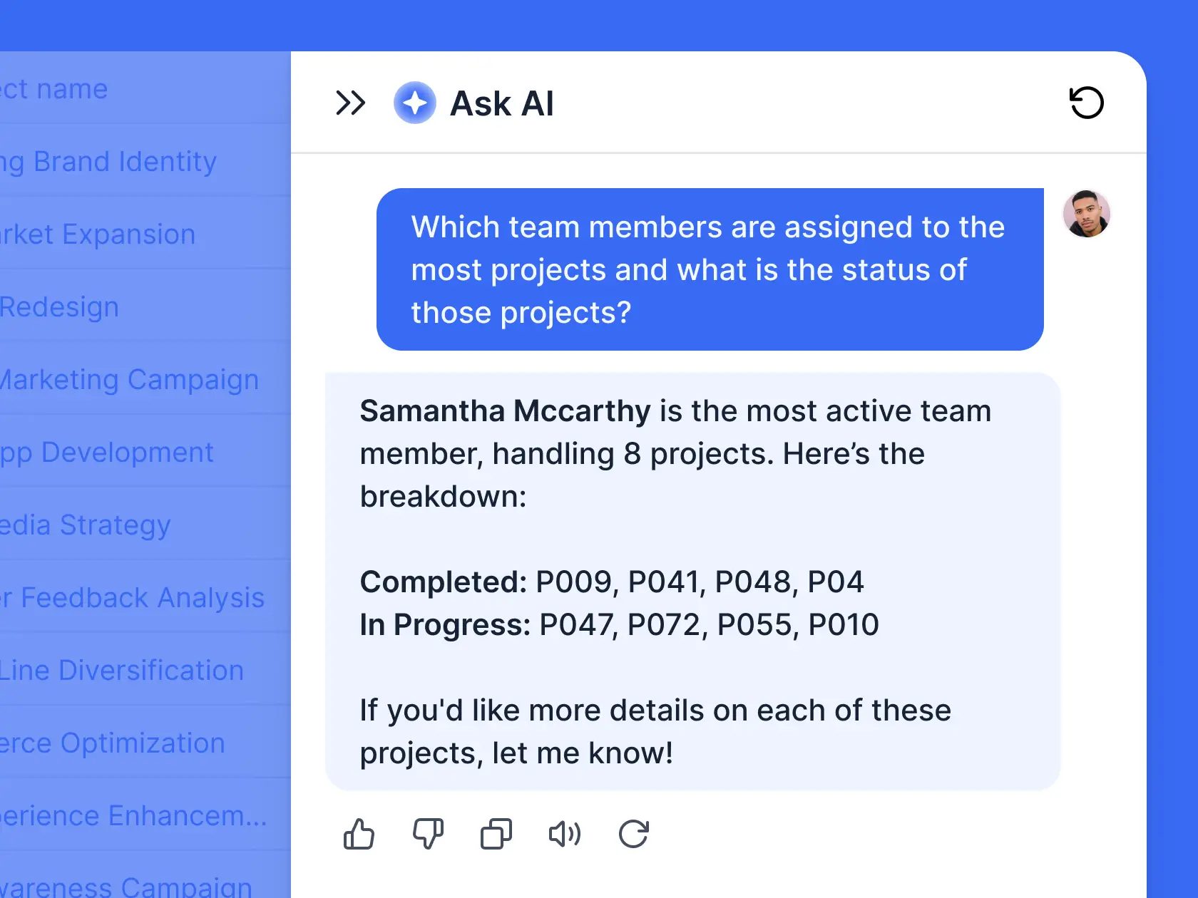 Ask AI surfacing answers about project management data