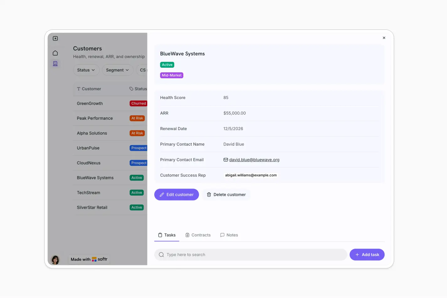 Customer details view in a customer success platform built with Softr showing health, ARR, renewal date, and assigned CS rep