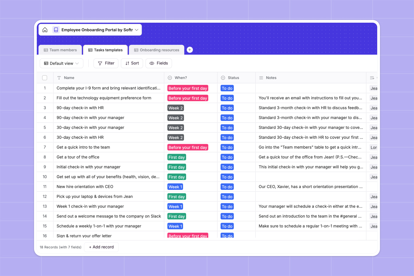 Employee Onboarding database in Softr with a structured table of tasks, resources, and timelines