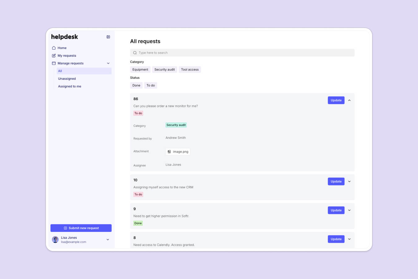 Softr help desk app listing all support requests with search, category and status filters, and update actions