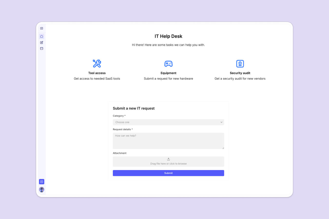 Help desk home page with quick request cards and a form to submit a new IT help ticket, built with Softr