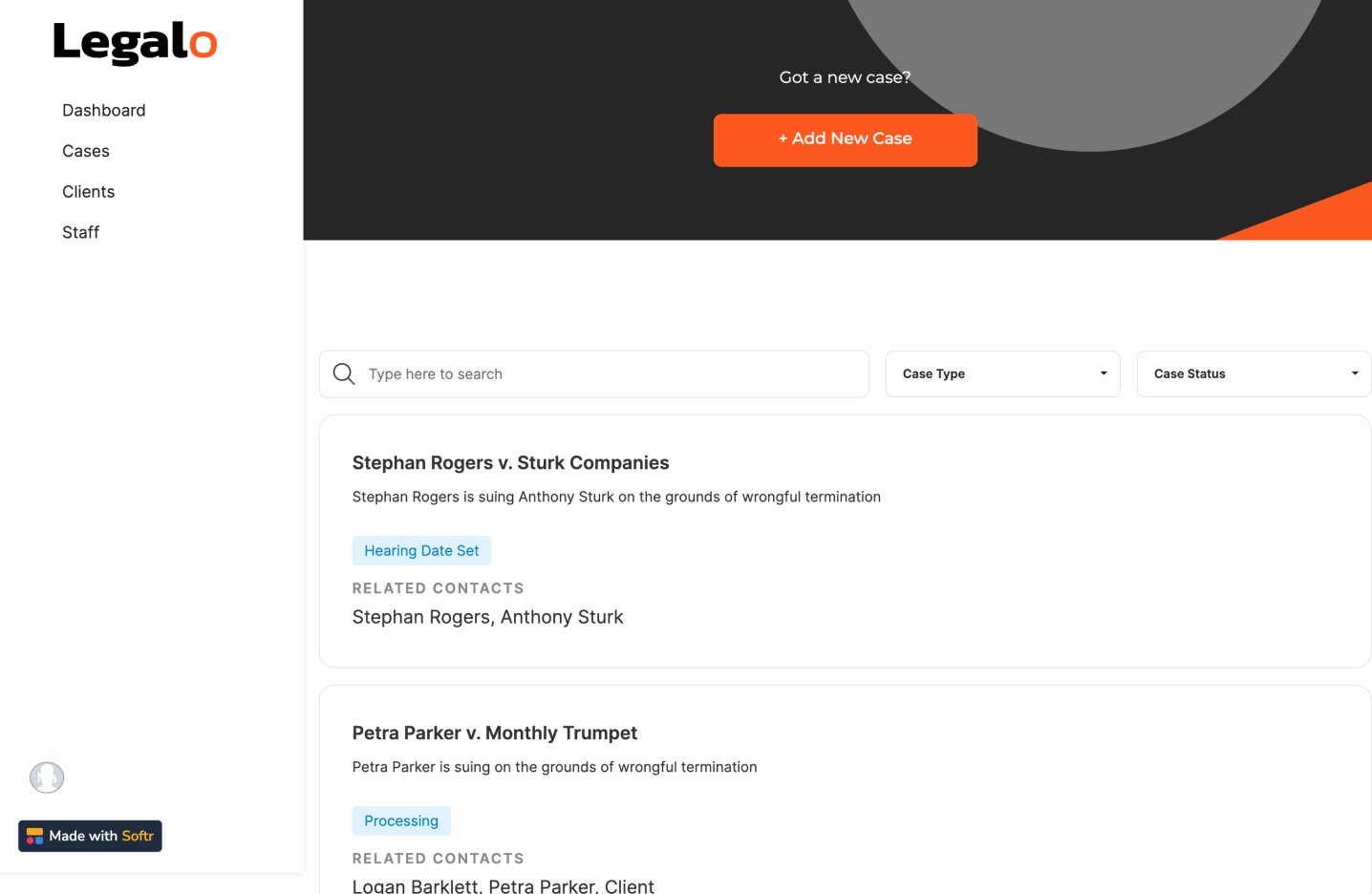 A legal case management dashboard built as a CRUD app in Softr, with search, filters, and record actions