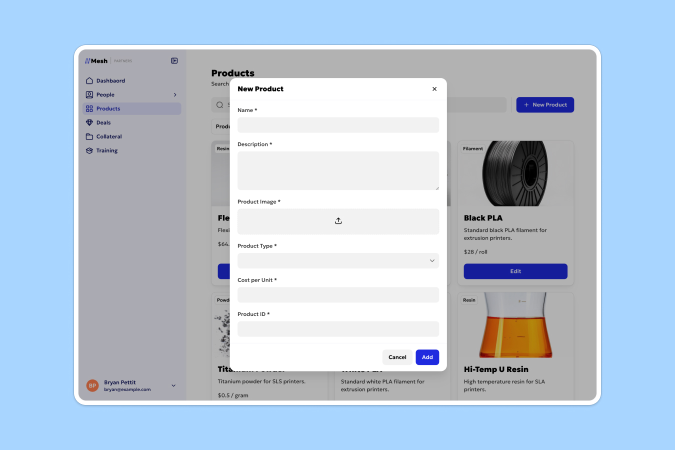 A New Product form in a Softr partner portal where users create a record with details, image, and pricing