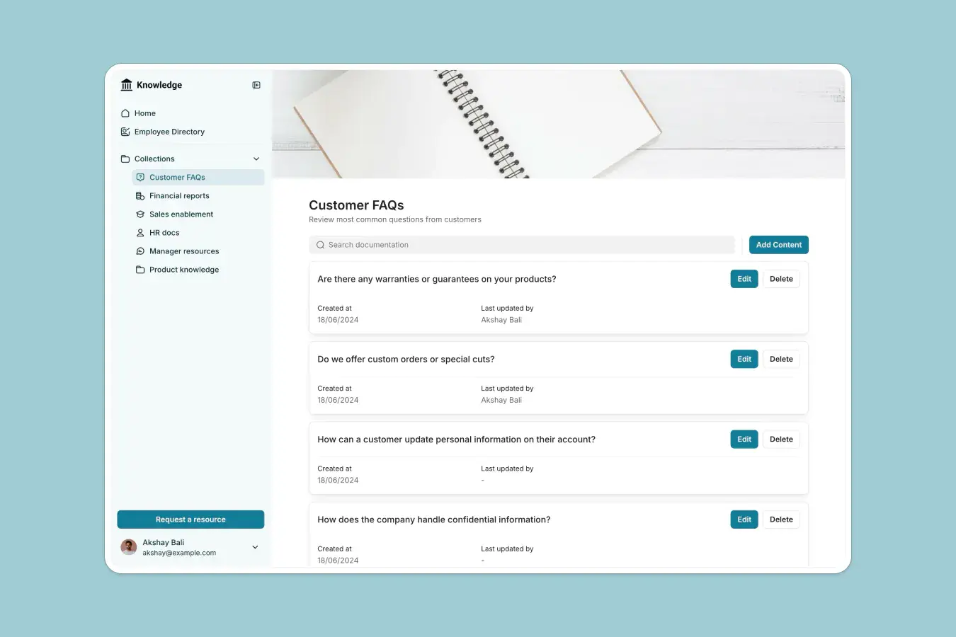 Knowledge base collections page built with Softr listing FAQ articles with edit controls