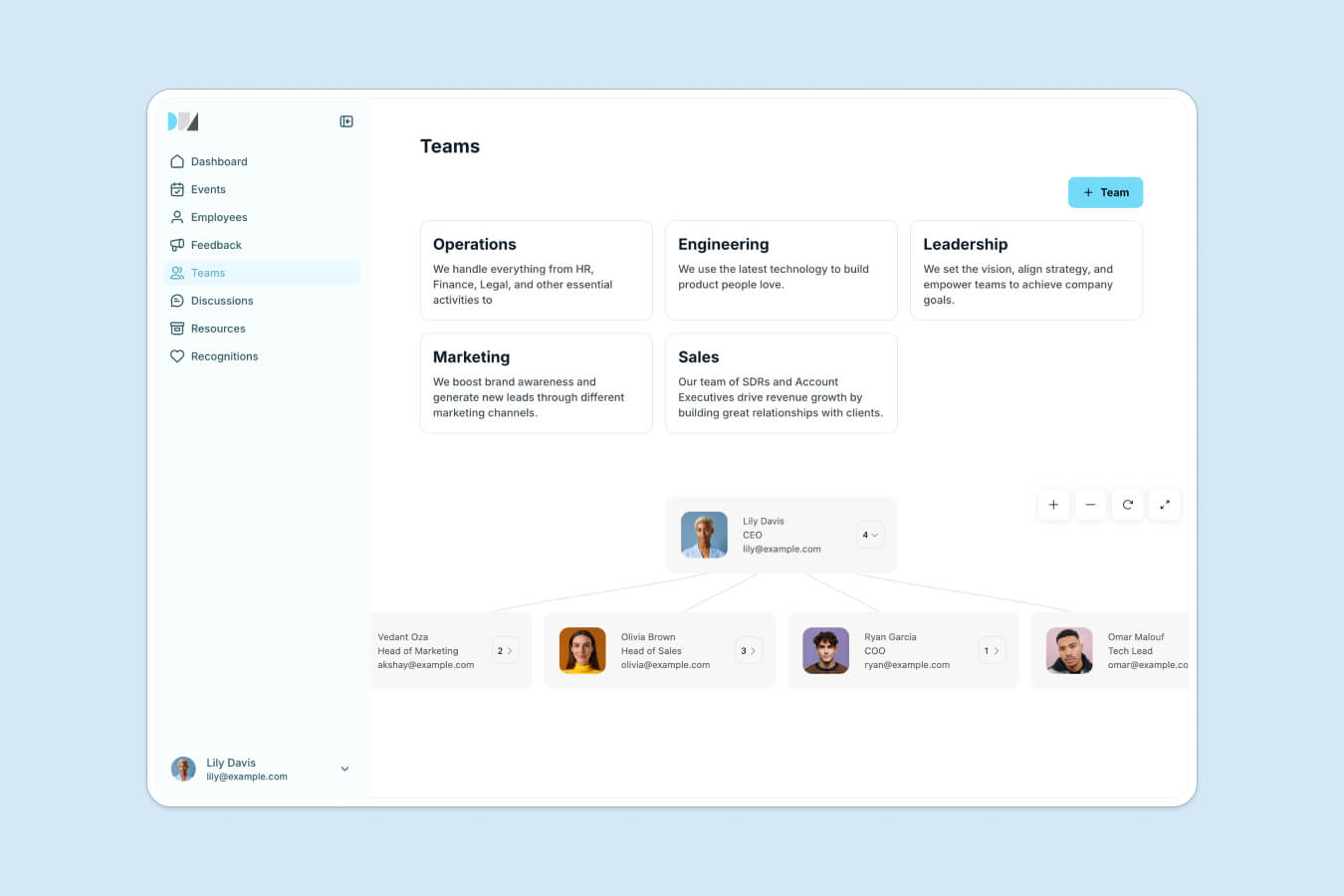 Company intranet teams page built with Softr showing department tiles for Operations, Engineering, Leadership, Marketing, and Sales