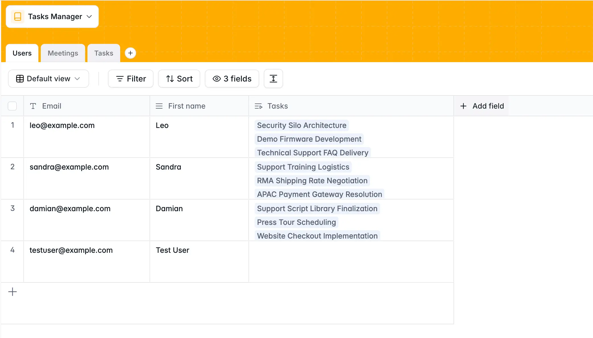 Softr Databases table view showing user records with email and related task fields